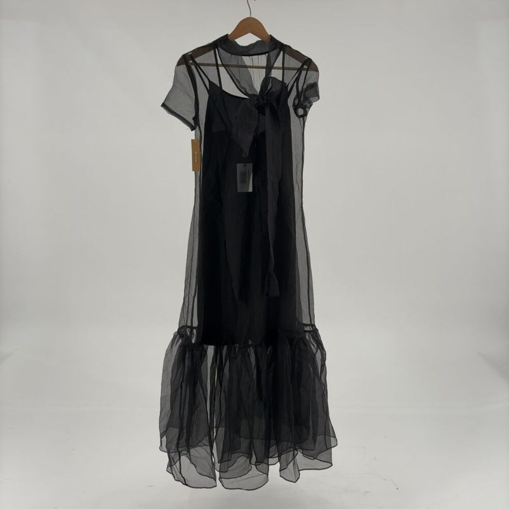 CAARA Black Sheer Maxi Dress Bow Back Ruffle Hem Staud
